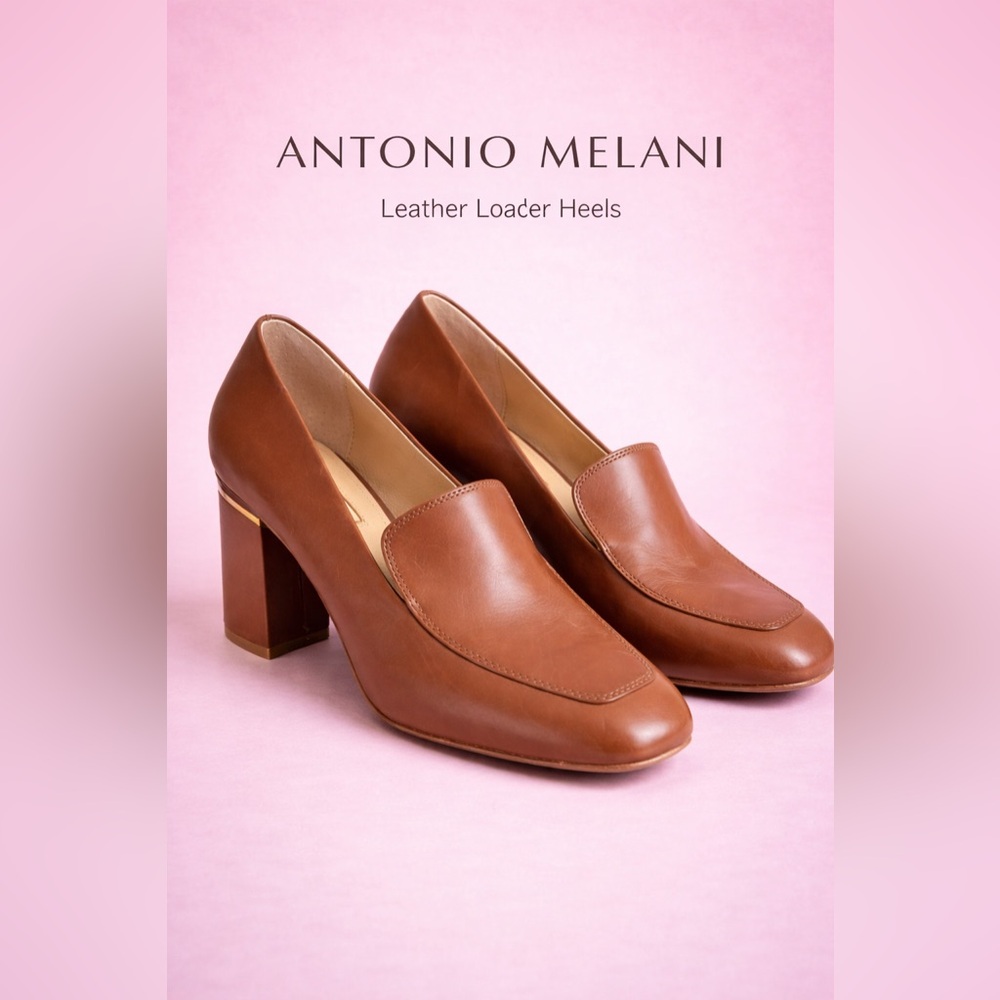 ANTONIO MELANI Camel Leather Block Heel Loafers